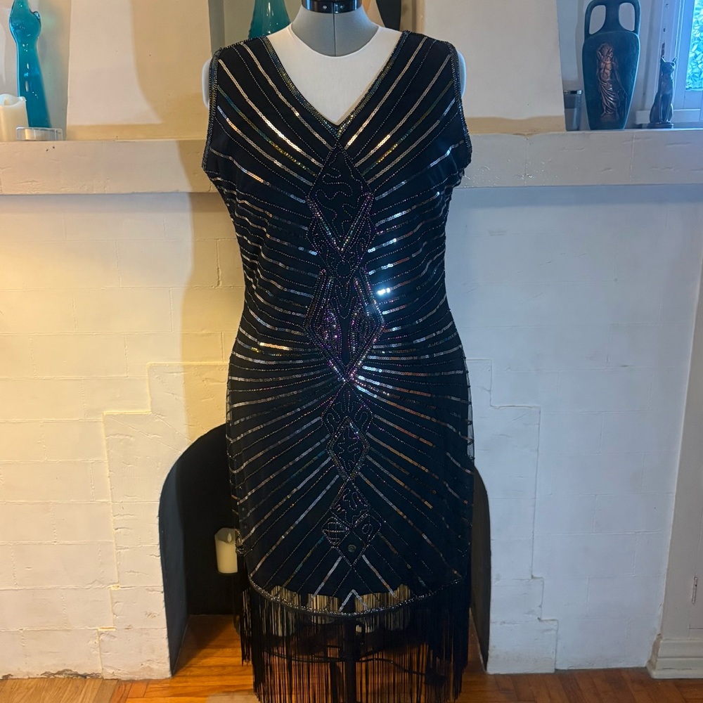 Unique Vintage Black with Rainbow Sequins 1920s Flapper Dress